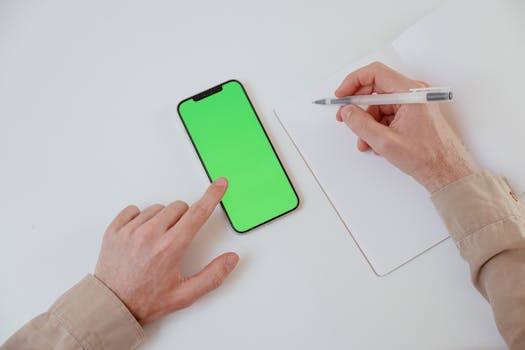 Hand using smartphone with green screen next to a person writing in a notebook.